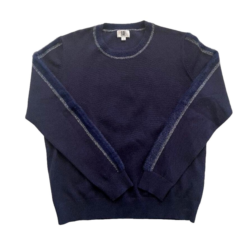 Yal New York Knit Sweater Long Sleeve Metallic/Fuzzy Navy Blue Women's Size L